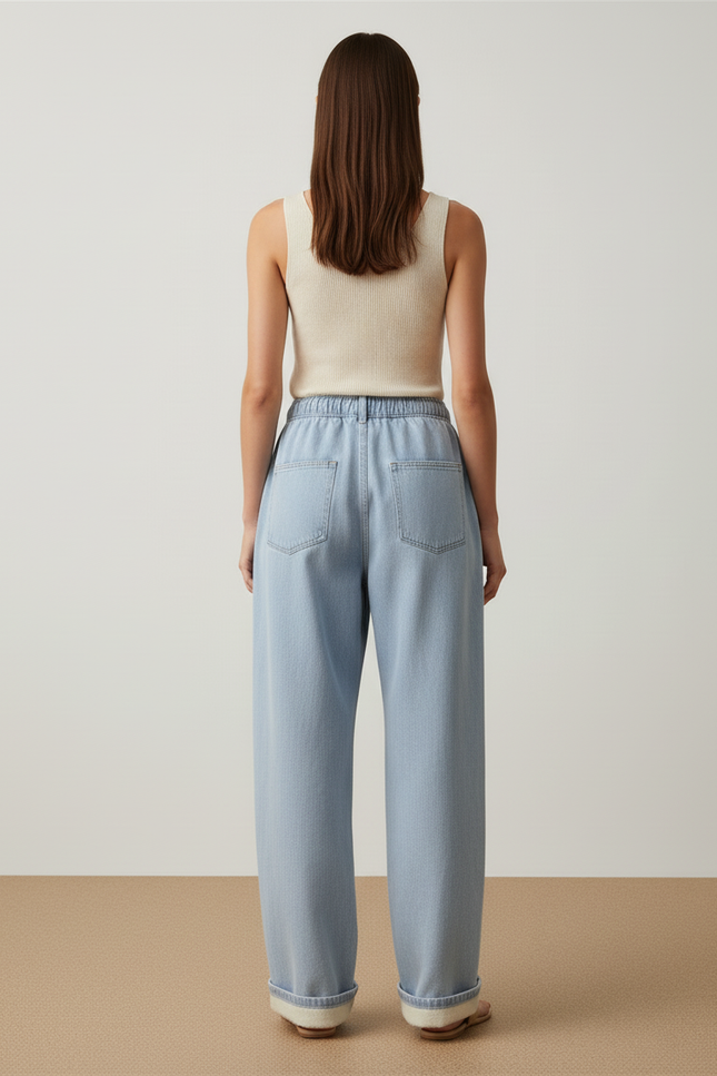 Pantalon Baggy Jean Bleu Clair Doublé Polaire Cordon - vue 2