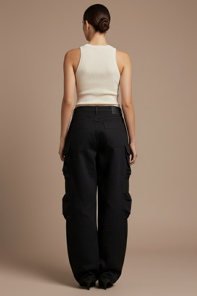 Pantalon Baggy Noir Cargo Large Multi-poches Décontracté - Toile - vue 2