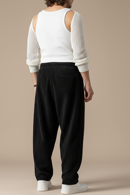 Pantalon Baggy Noir Velours Côtelé Ample Droit Homme - Cordé - vue 2