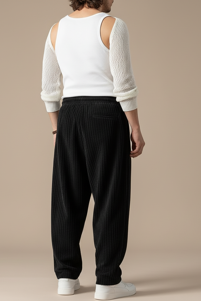 Pantalon Baggy Noir Velours Côtelé Ample Droit Homme - Cordé - vue 2
