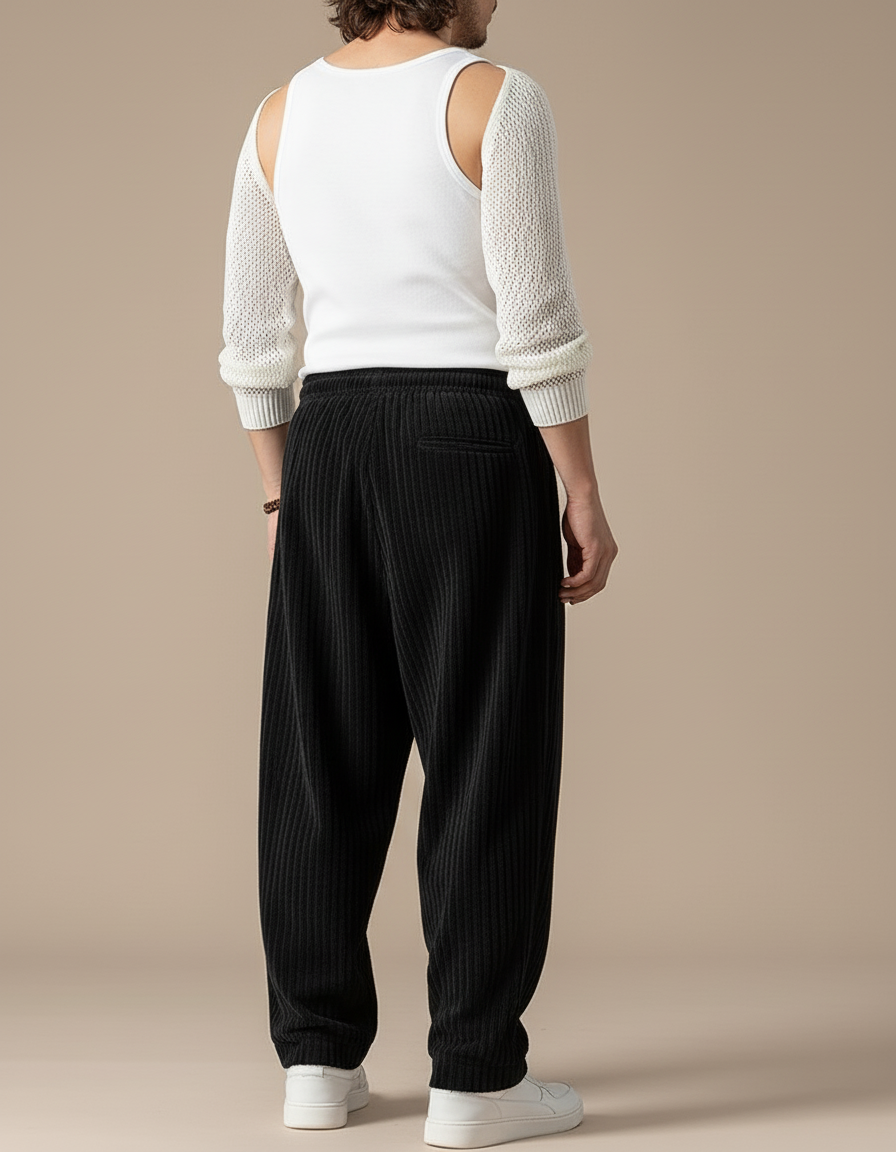 Pantalon Baggy Noir Velours Côtelé Ample Droit Homme - Cordé - vue 2
