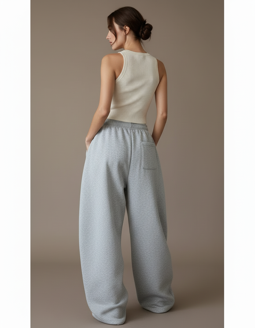 Pantalon Baggy Gris Ample Coton Imprimé Décontracté - Molleton - vue 2