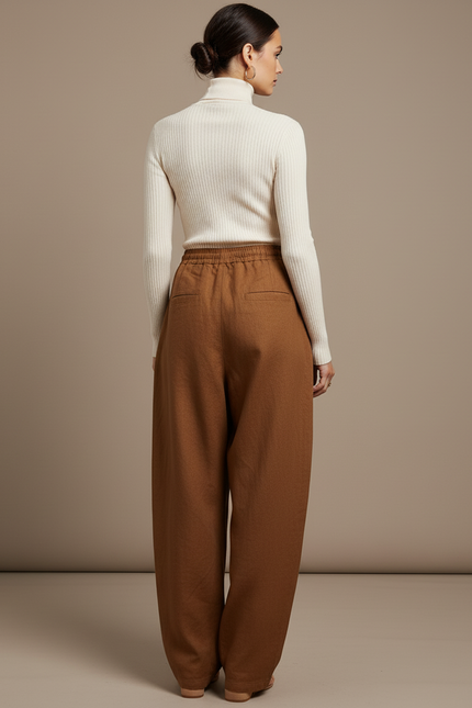 Pantalon Baggy Marron Ample Taille Haute Lin - vue 2