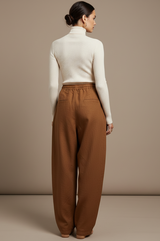 Pantalon Baggy Marron Ample Taille Haute Lin - vue 2