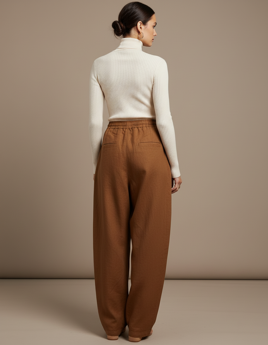 Pantalon Baggy Marron Ample Taille Haute Lin - vue 2
