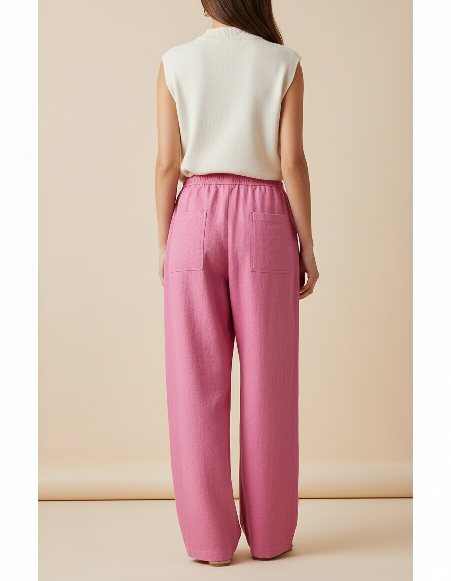 Pantalon Baggy Rose Fluide Lin Cordon Ample - vue 2