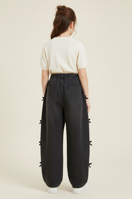 Pantalon Baggy Noir Denim Ample Nœuds Fille - Jean - vue 2