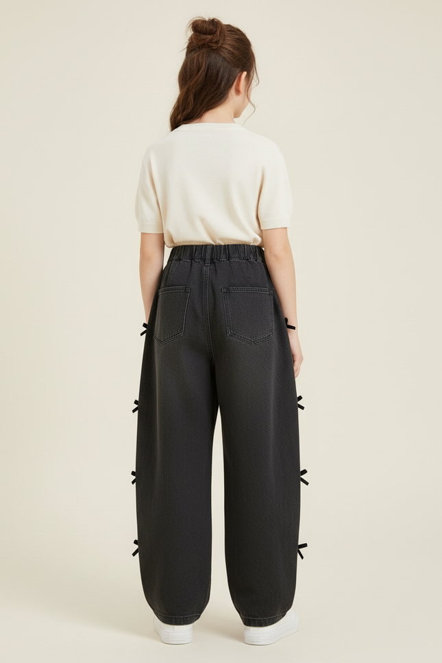 Pantalon Baggy Noir Denim Ample Nœuds Fille - Jean - vue 2