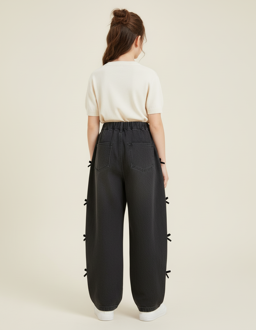 Pantalon Baggy Noir Denim Ample Nœuds Fille - Jean - vue 2
