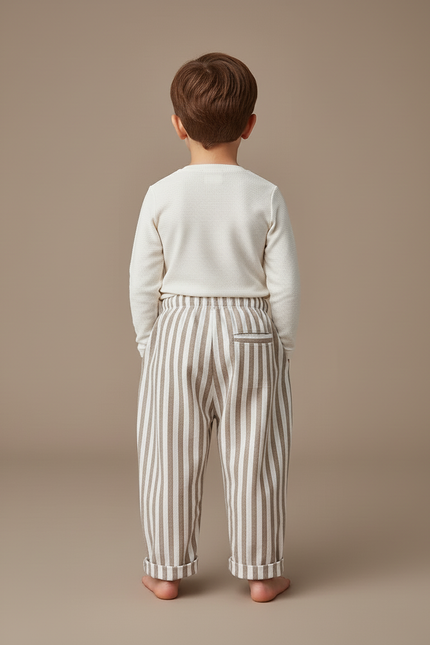 Pantalon Baggy Rayé Lin Coton Ample Enfant Décontracté - Beige - vue 2