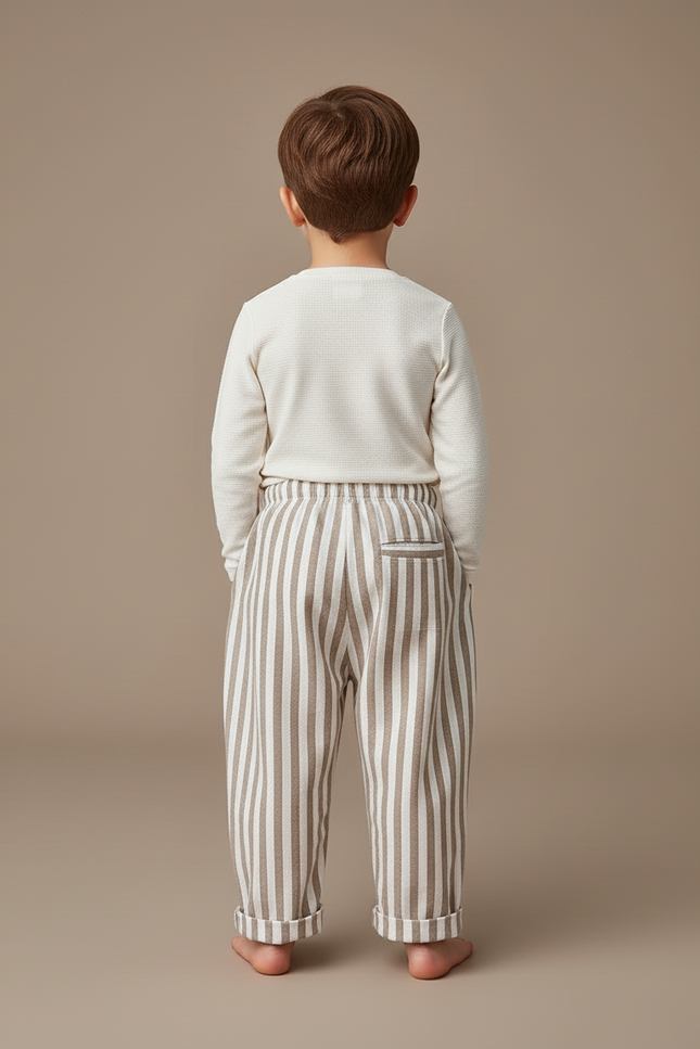 Pantalon Baggy Rayé Lin Coton Ample Enfant Décontracté - Beige - vue 2