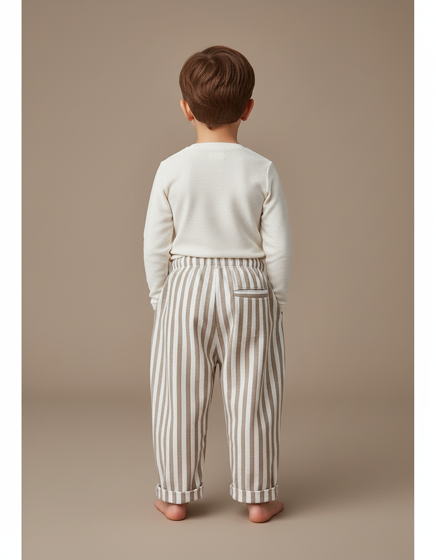 Pantalon Baggy Rayé Lin Coton Ample Enfant Décontracté - Beige - vue 2