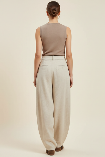 Pantalon Baggy Beige Lin Ample Élastique Décontracté Femme - vue 2