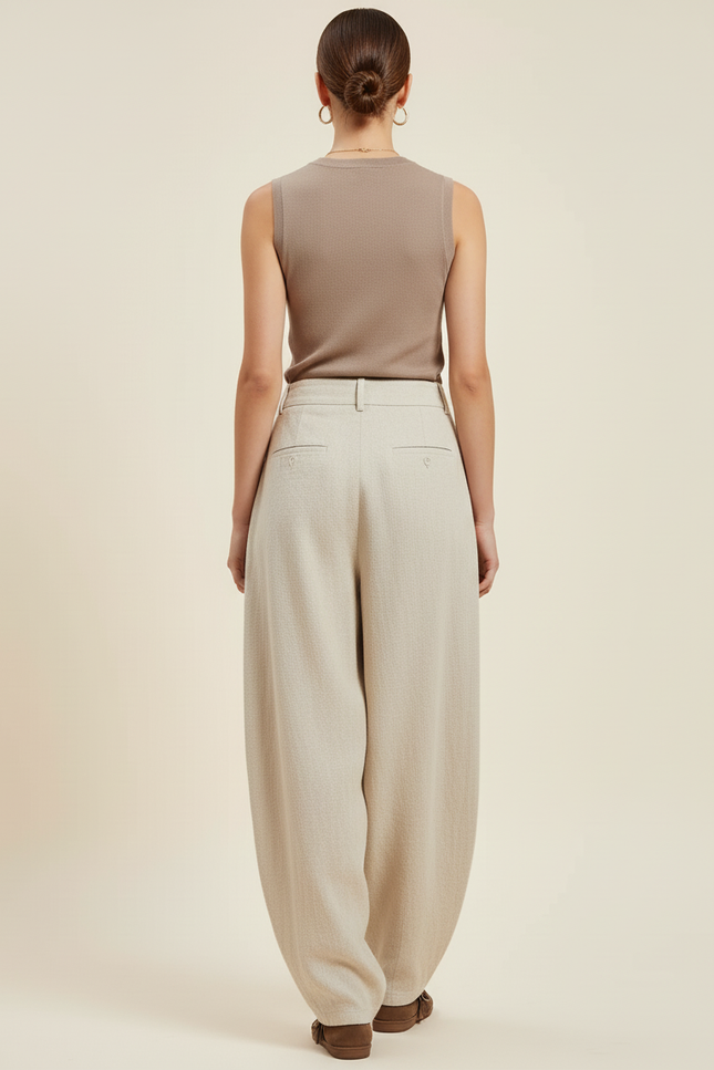 Pantalon Baggy Beige Lin Ample Élastique Décontracté Femme - vue 2