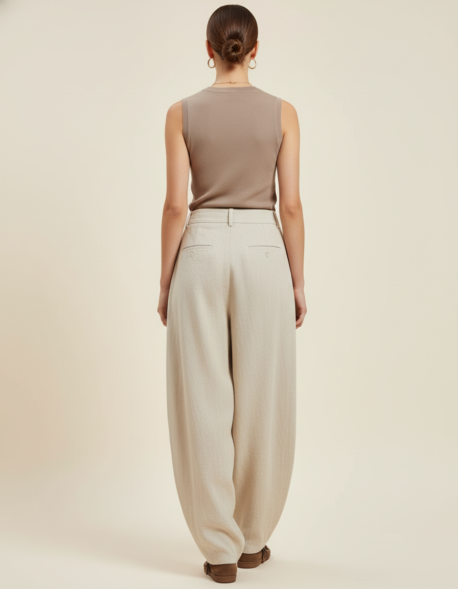 Pantalon Baggy Beige Lin Ample Élastique Décontracté Femme - vue 2