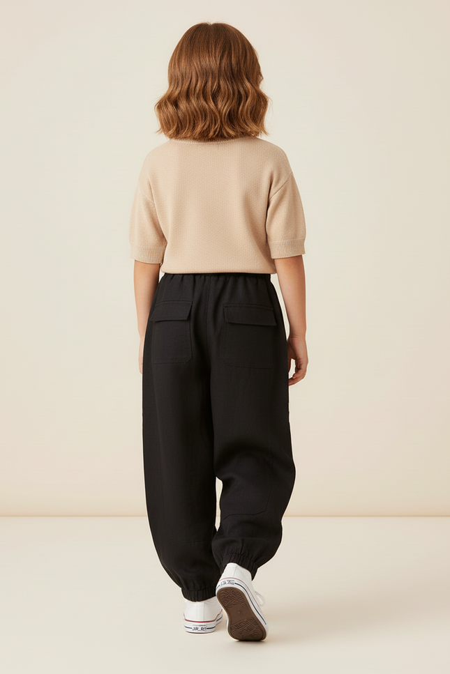 Pantalon Baggy Noir Cargo Décontracté Fille - Lin - vue 2