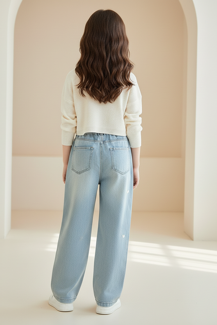 Pantalon Baggy Jean Bleu Ciel Cœurs Brodés Fille - vue 2