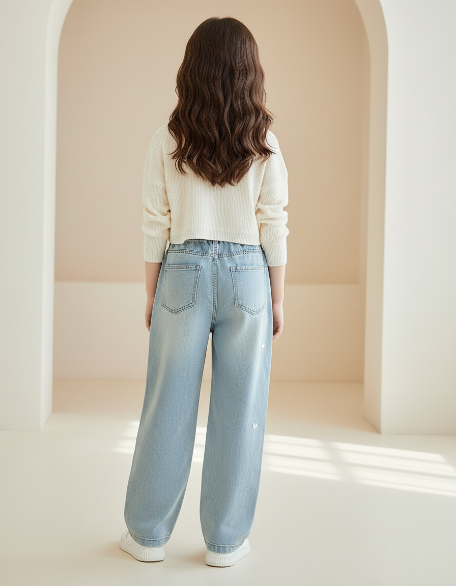 Pantalon Baggy Jean Bleu Ciel Cœurs Brodés Fille - vue 2