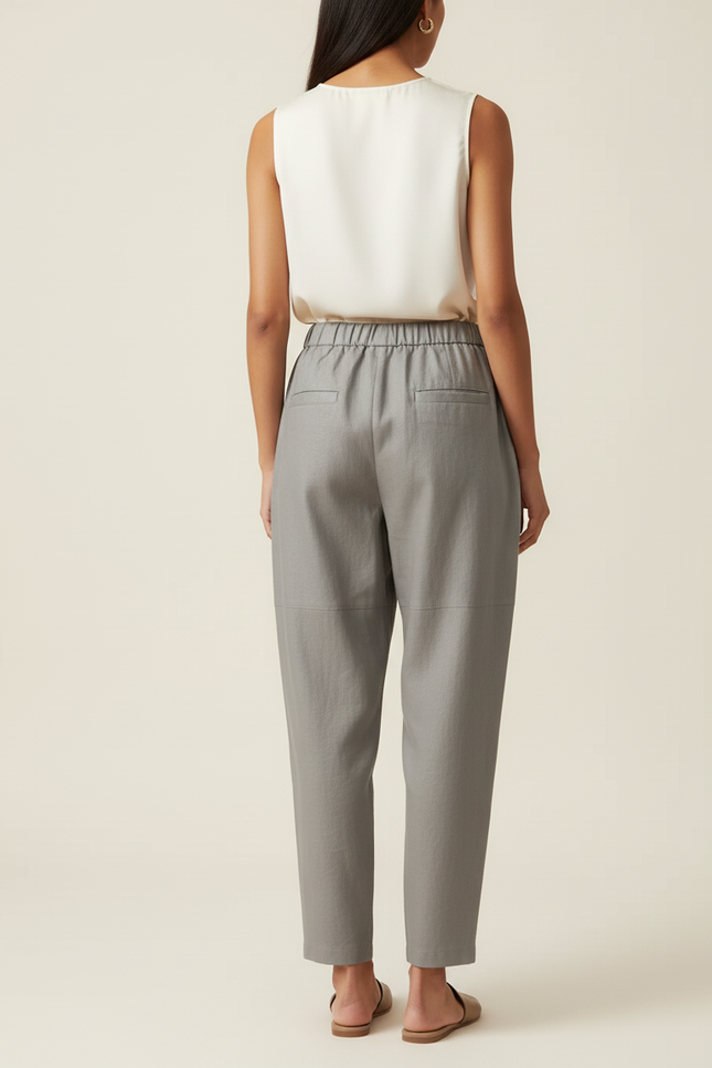Pantalon Baggy Gris Ample Taille Élastique Femme - Lin - vue 2