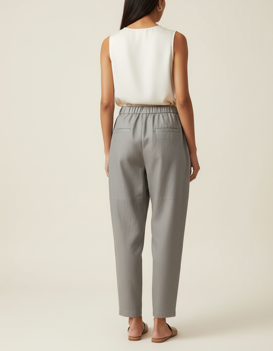 Pantalon Baggy Gris Ample Taille Élastique Femme - Lin - vue 2