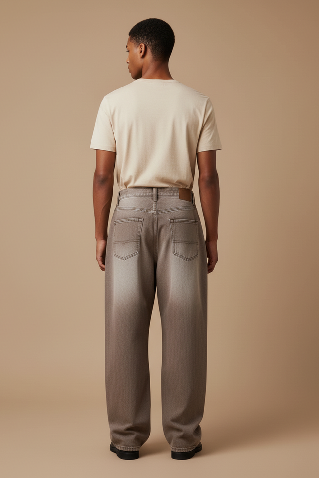 Pantalon Baggy Marron Délavé Ample Brodé Streetwear Homme - Jean - vue 2