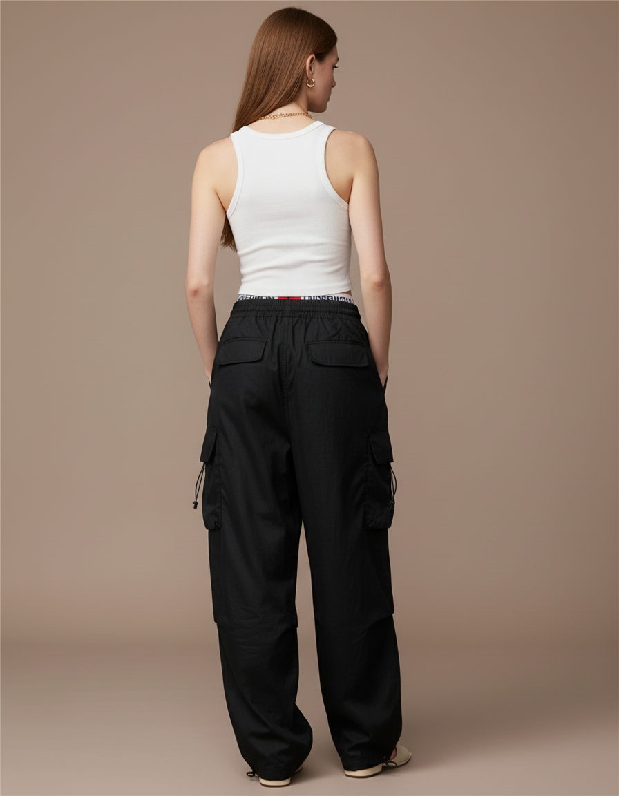 Pantalon Baggy Noir Cargo Ample Femme Streetwear - Polyester - vue 2