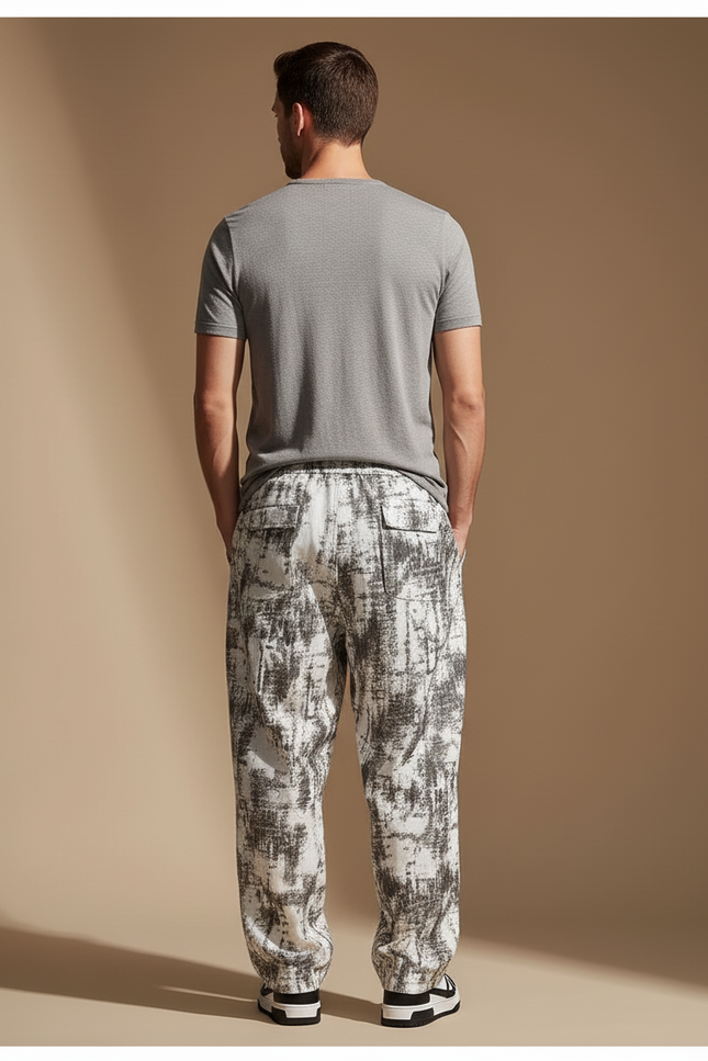 Pantalon Baggy Blanc Noir Imprimé Ample Cordon Homme - Lin - vue 2