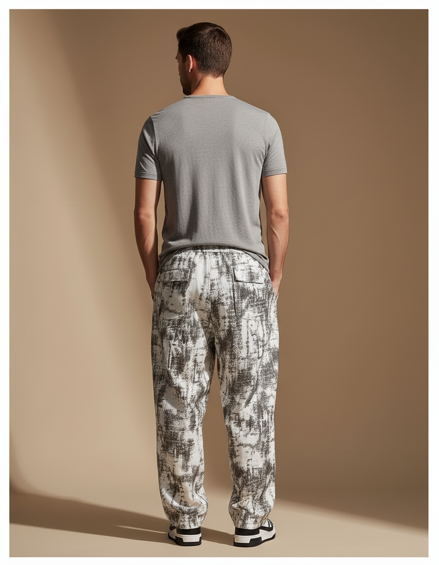 Pantalon Baggy Blanc Noir Imprimé Ample Cordon Homme - Lin - vue 2