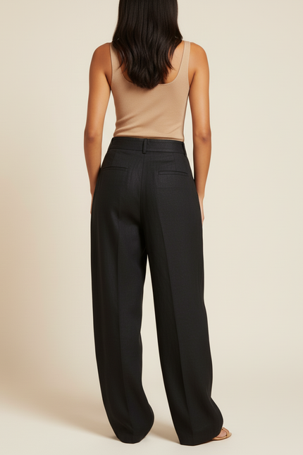 Pantalon Baggy Noir Lin Plissé Large Élégant - vue 2
