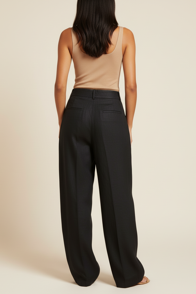 Pantalon Baggy Noir Lin Plissé Large Élégant - vue 2