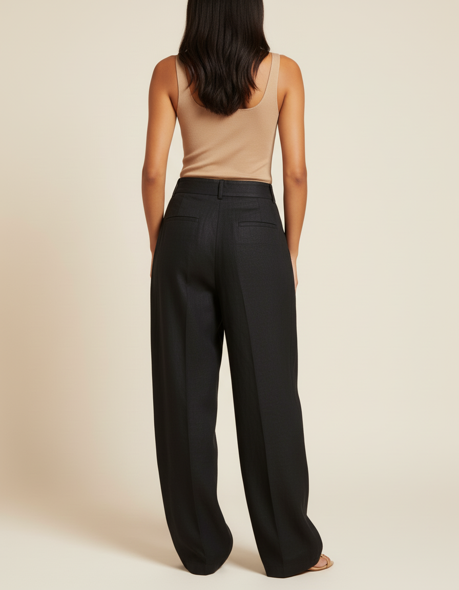 Pantalon Baggy Noir Lin Plissé Large Élégant - vue 2