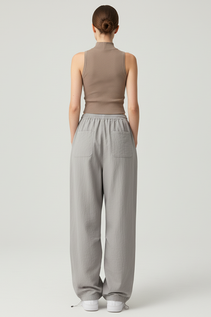 Pantalon Baggy Gris Ample Fluide Cordon Streetwear Femme - Polyester - vue 2