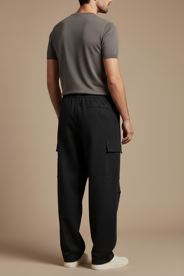 Pantalon Baggy Noir Coton Cargo Ample Cordon Homme - Toile - vue 2