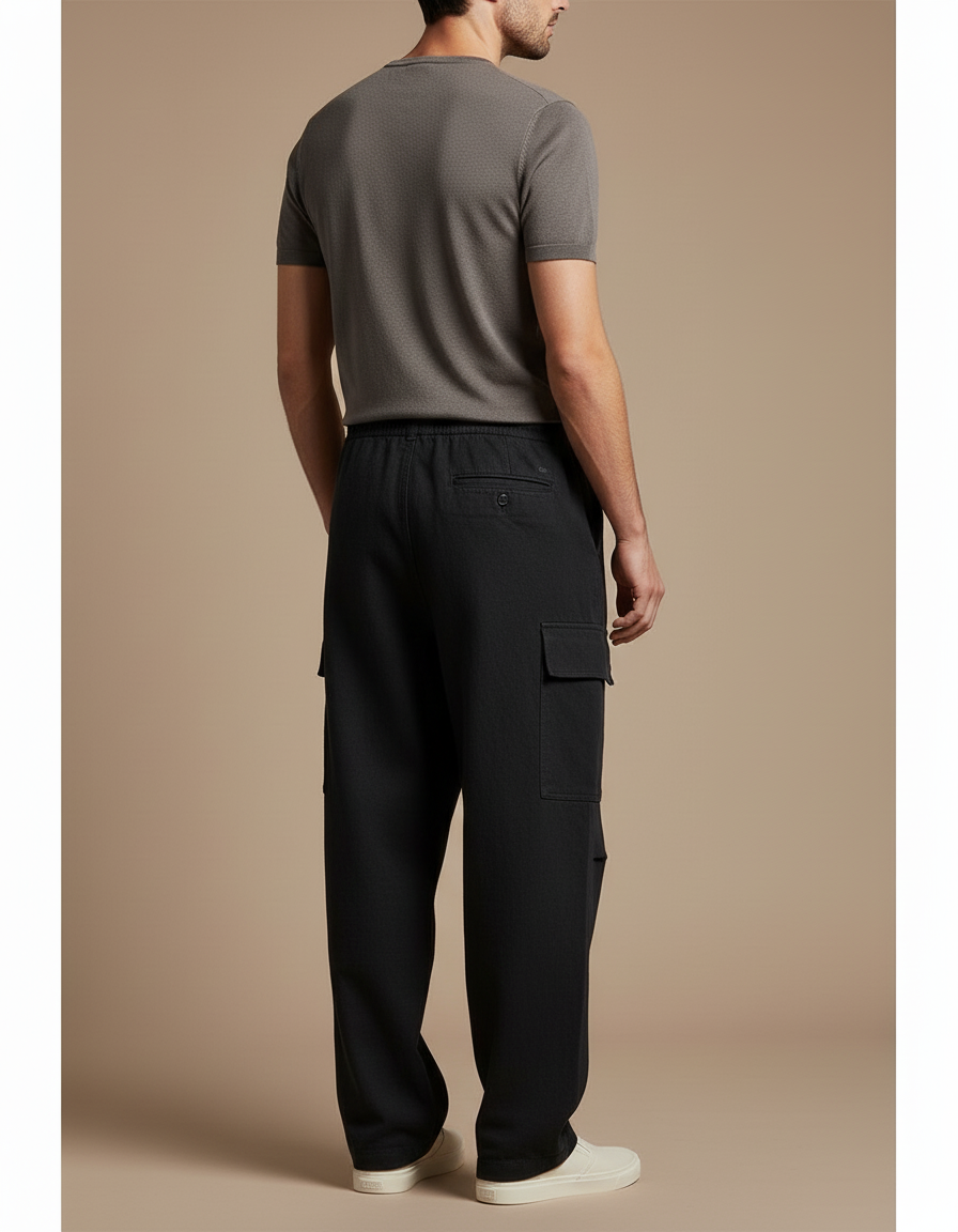 Pantalon Baggy Noir Coton Cargo Ample Cordon Homme - Toile - vue 2