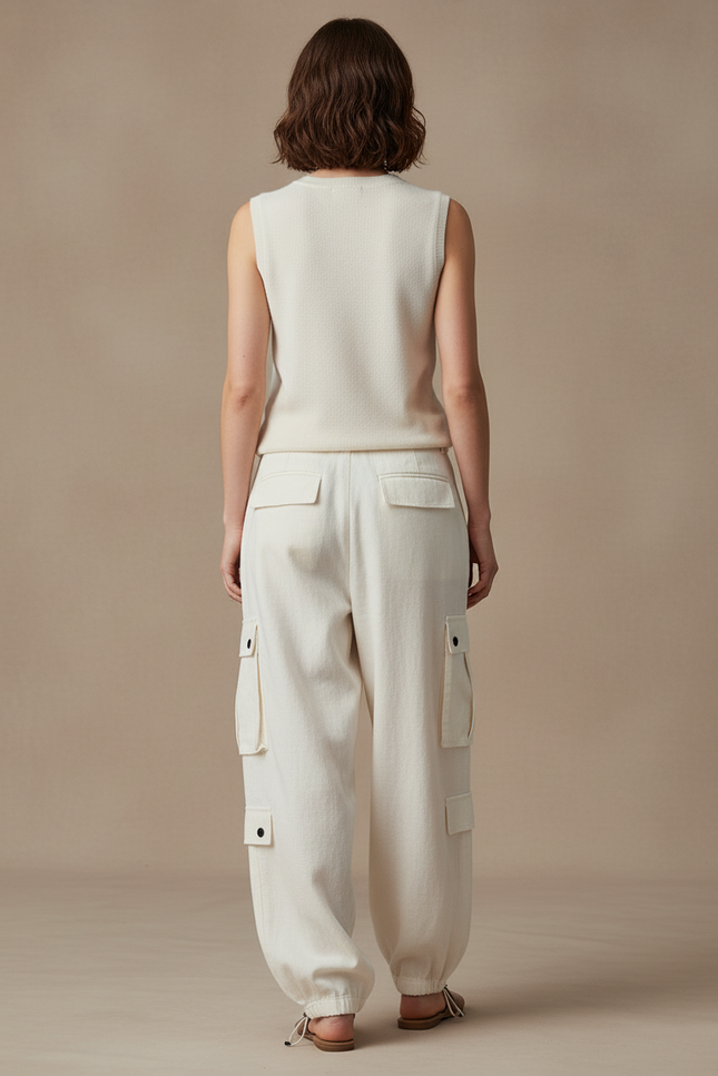 Pantalon Baggy Cargo Écru Ample Coton Femme - Beige - vue 2