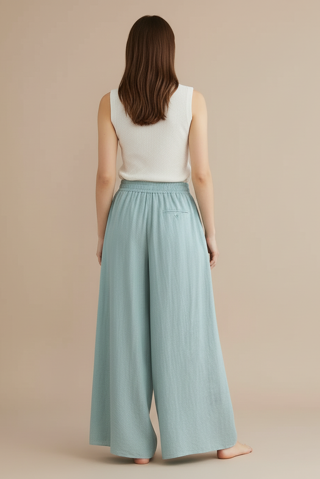 Pantalon Baggy Fluide Large Coton Lin Vert Pâle - vue 2