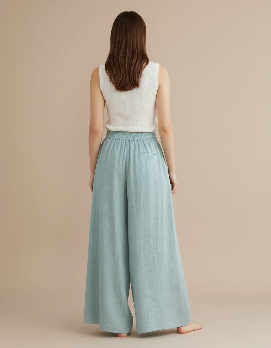 Pantalon Baggy Fluide Large Coton Lin Vert Pâle - vue 2