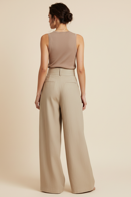 Pantalon Baggy Beige Lin Plissé Ample Élégant Fluide - vue 2