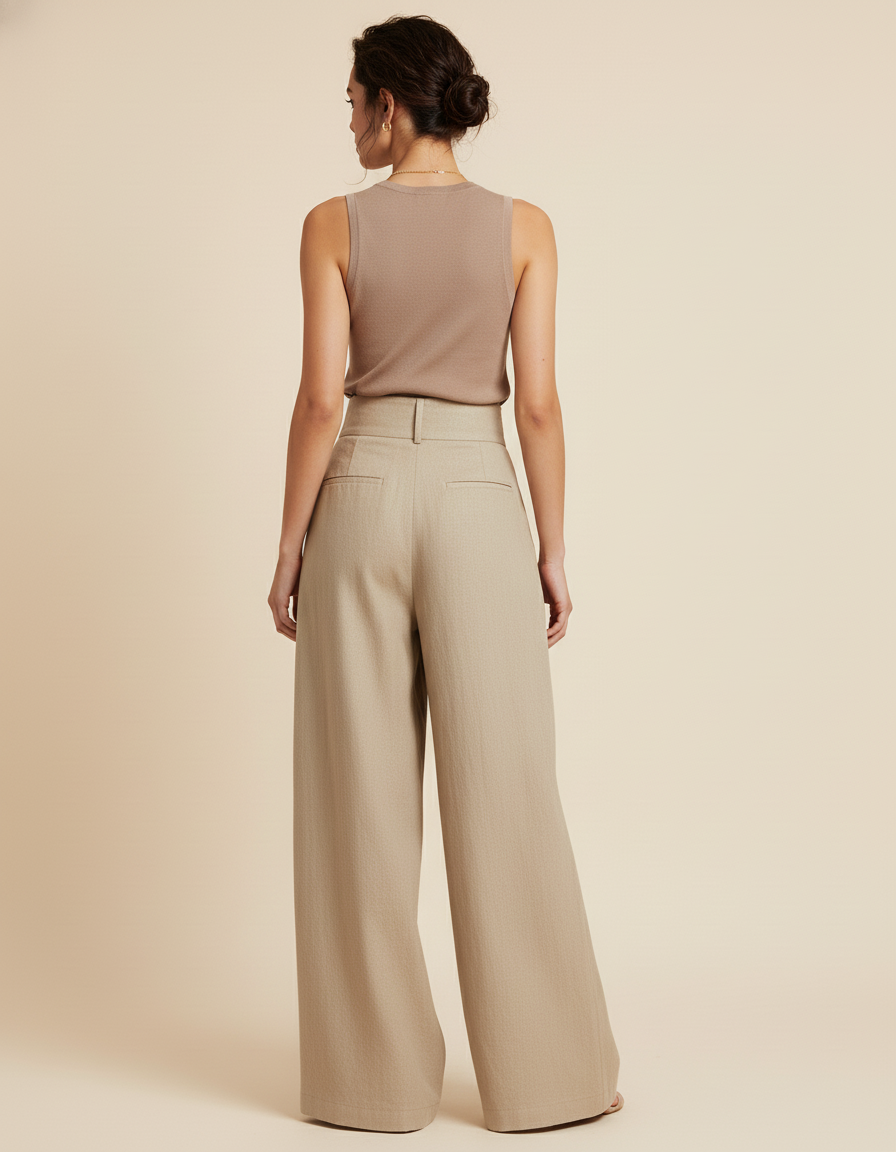 Pantalon Baggy Beige Lin Plissé Ample Élégant Fluide - vue 2