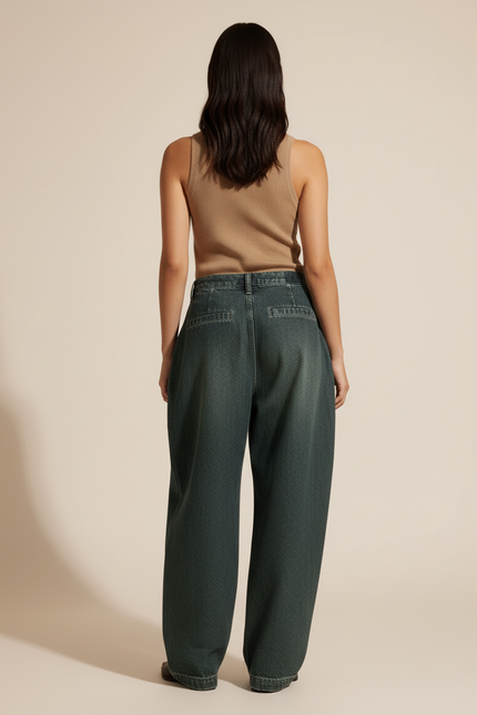 Pantalon Baggy Vert Ample Plissé Taille Haute - Jean - vue 2