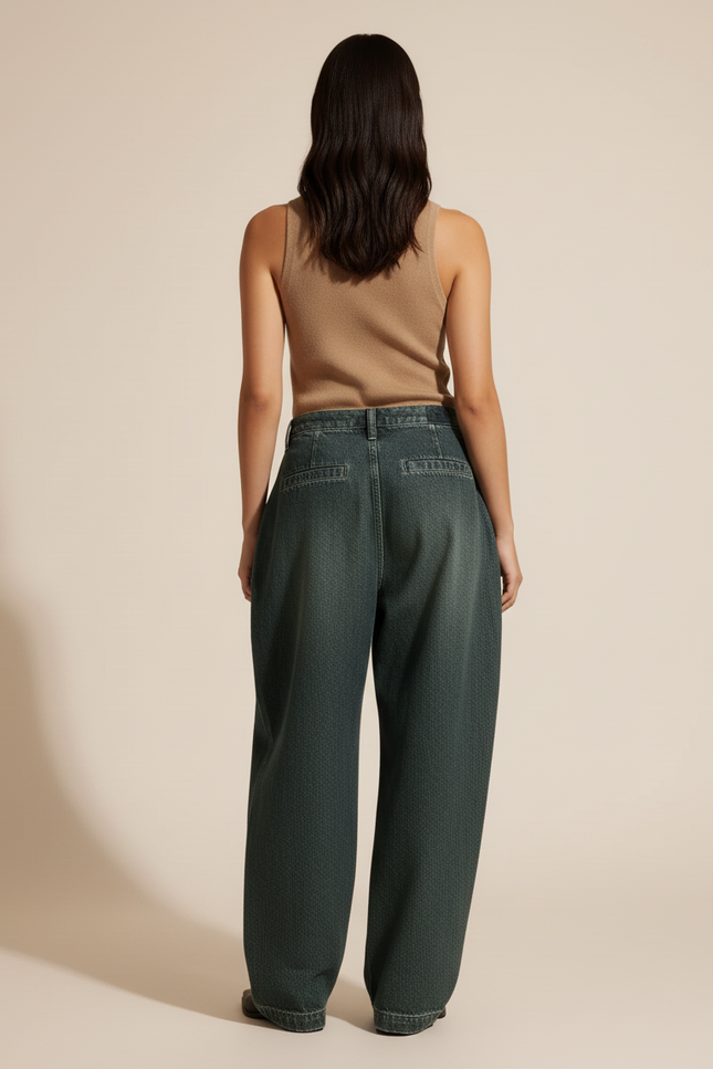Pantalon Baggy Vert Ample Plissé Taille Haute - Jean - vue 2