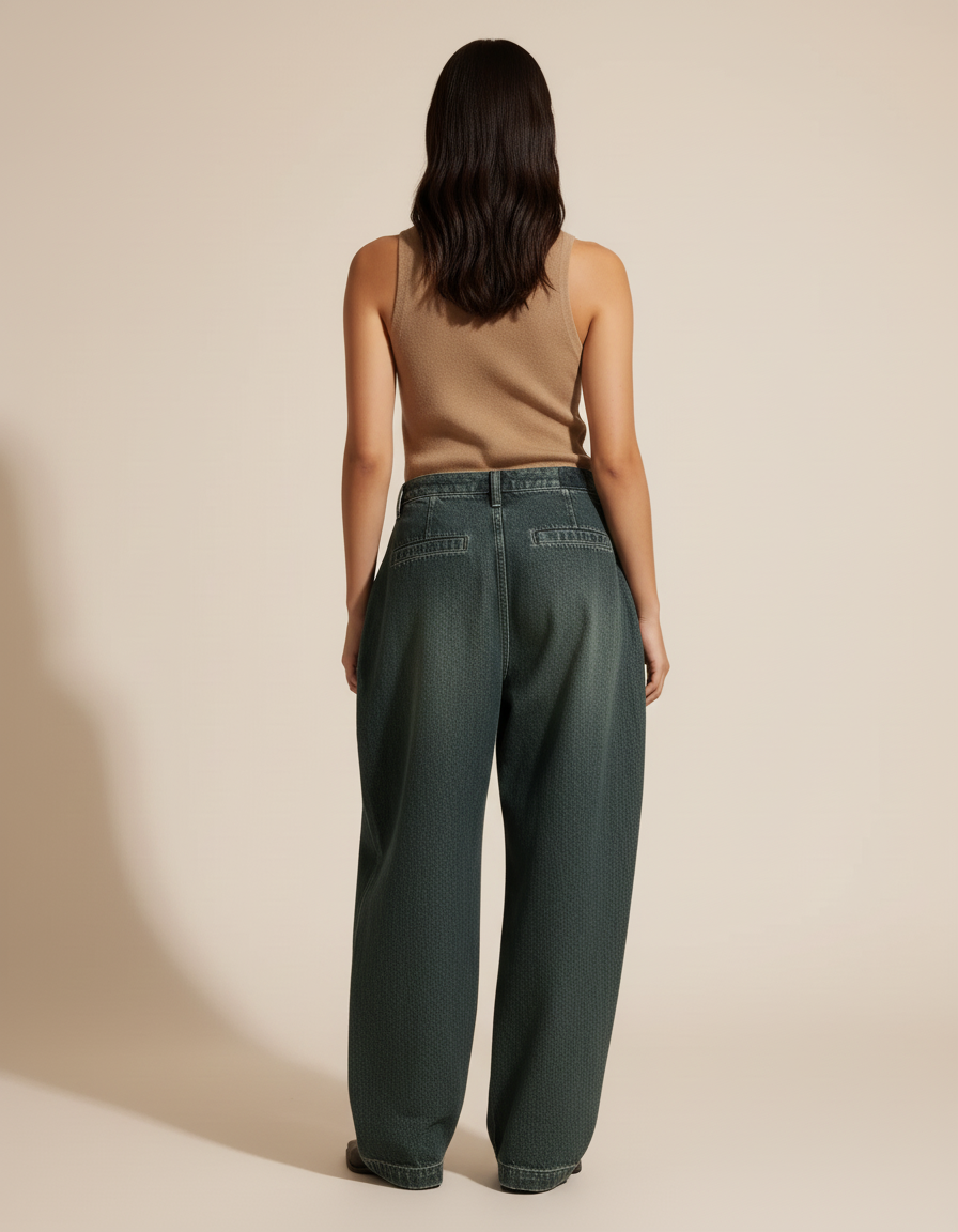 Pantalon Baggy Vert Ample Plissé Taille Haute - Jean - vue 2