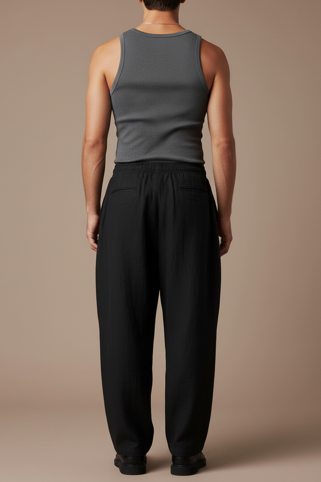 Pantalon Baggy Noir Ample Lin Cordon Homme - vue 2