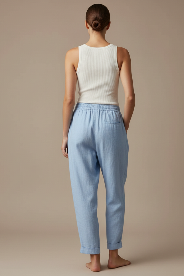 Pantalon Baggy Bleu Clair Ample Lin Décontracté Femme - vue 2