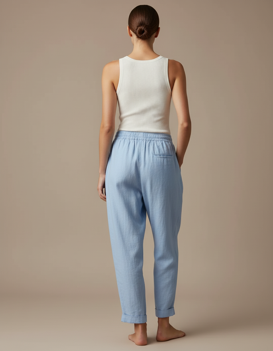 Pantalon Baggy Bleu Clair Ample Lin Décontracté Femme - vue 2