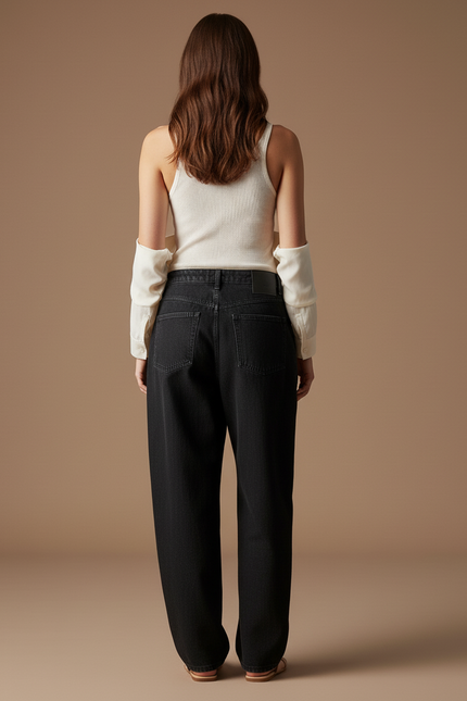 Pantalon Baggy Noir Brodé Fleurs Ample Décontracté - Jean - vue 2