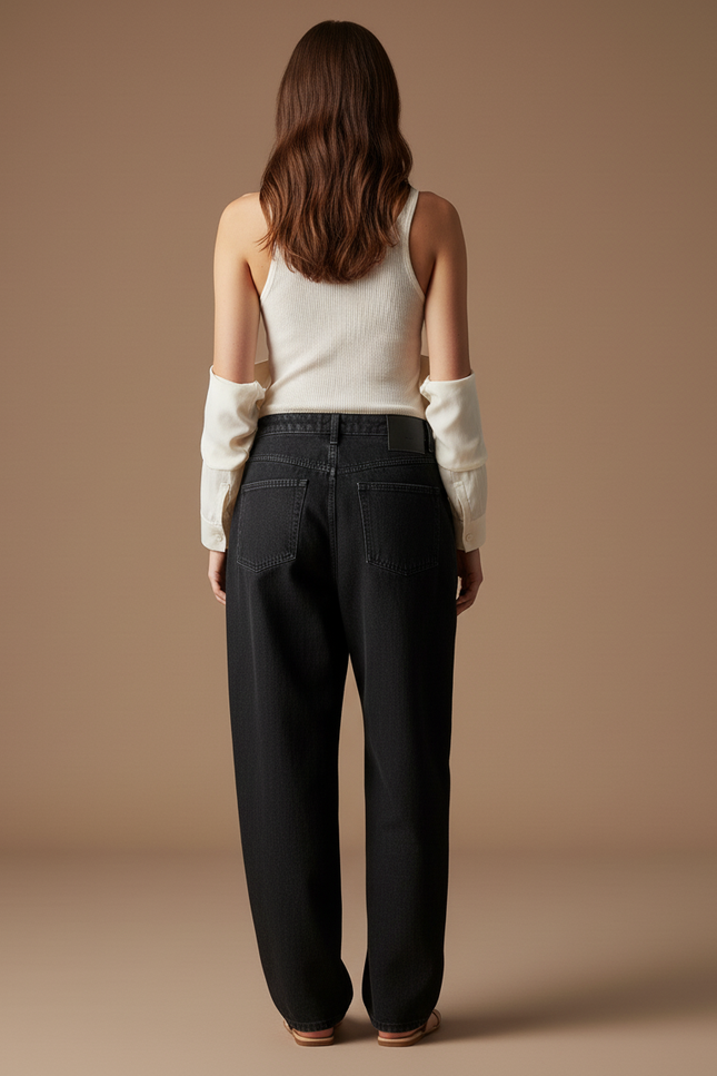 Pantalon Baggy Noir Brodé Fleurs Ample Décontracté - Jean - vue 2