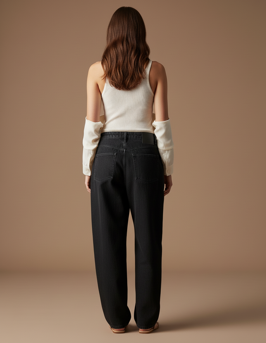Pantalon Baggy Noir Brodé Fleurs Ample Décontracté - Jean - vue 2