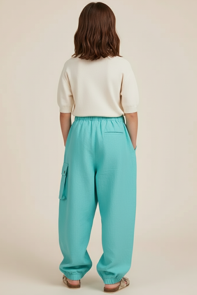 Pantalon Baggy Turquoise Cargo Ample Enfant - Bleu Lin - vue 2