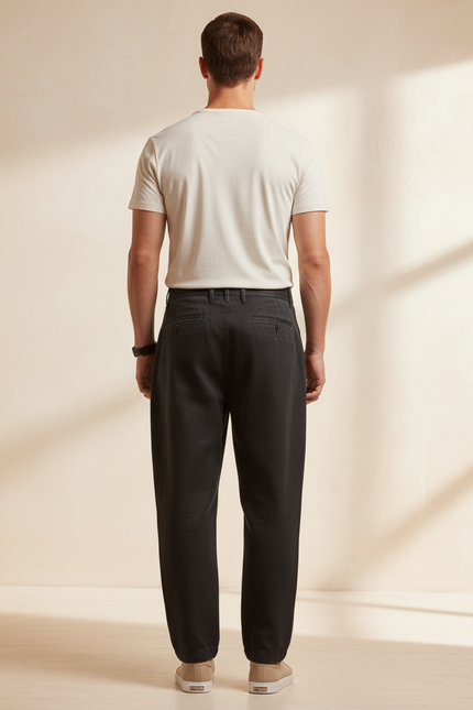 Pantalon Baggy Noir Ample Plissé Coton Décontracté - Lin - vue 2